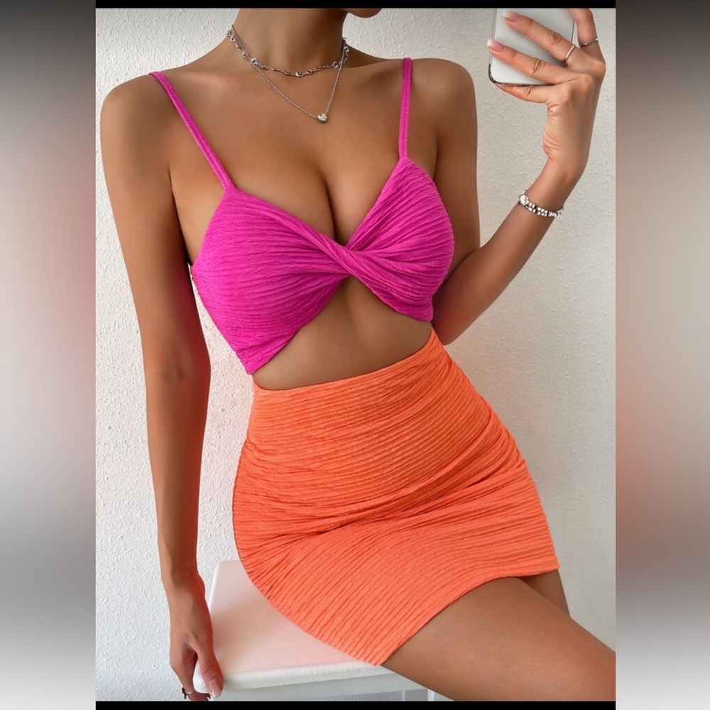 SHEIN Pink and Orange Twist Front Cut Out Cami Dress